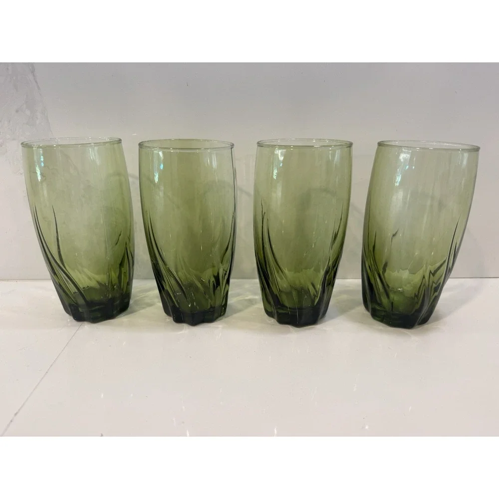 4 Anchor Hocking Glasses Starfire/Central Park Olive Green Glasses Tumblers VTG